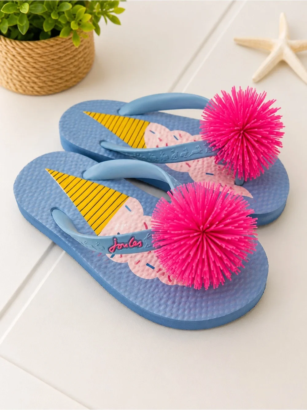 Kids Blue Flip-Flops with Pink Pom Stretchy Ball Accent